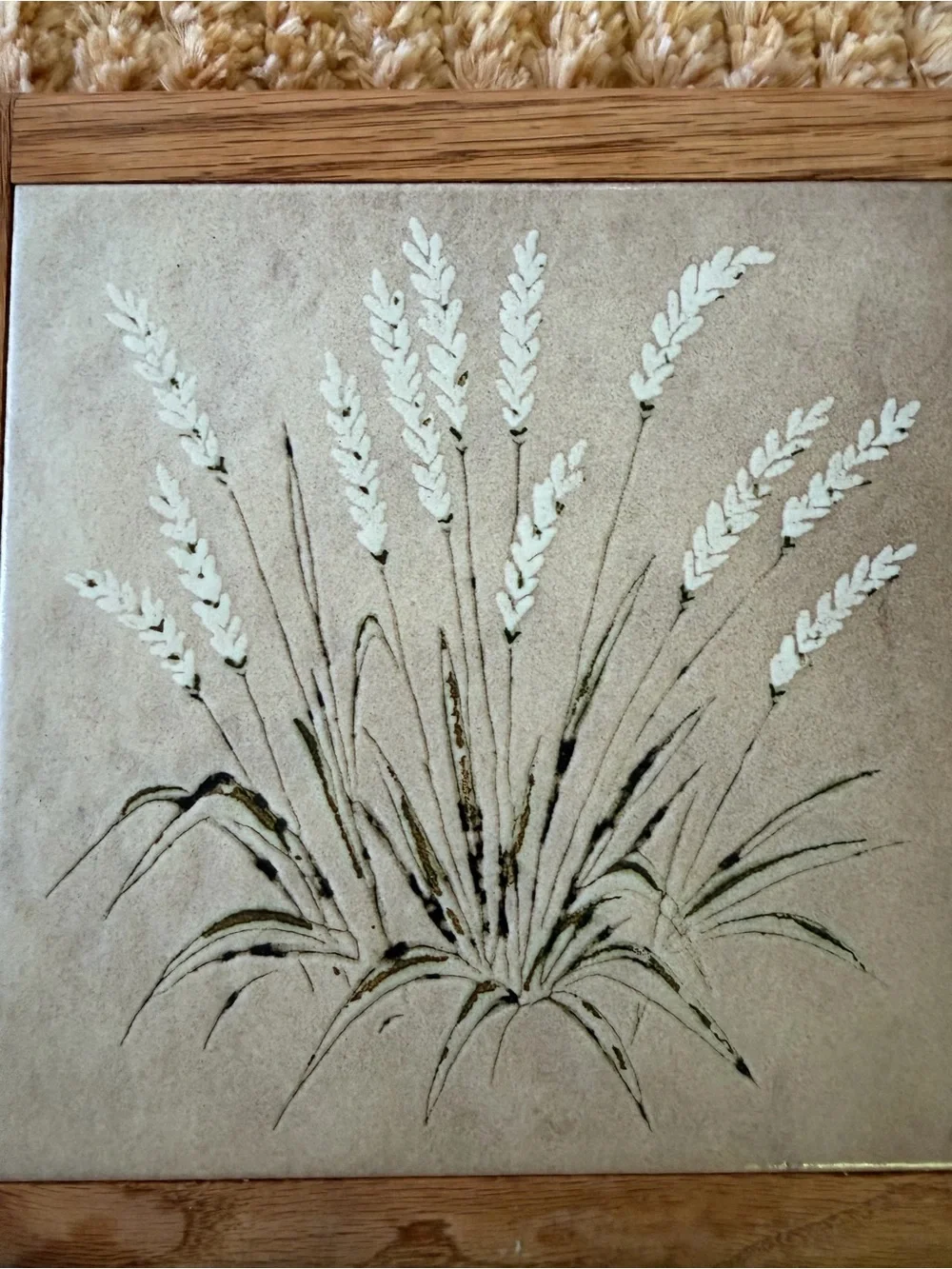 1970 Large Trivet Frame Heavy Ceramic Tile Wheat | White Flowers Pattern